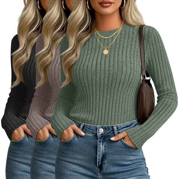 Tops - Women's Ribbed Sweater Tops 3 Pack Fitted Long Sleeve Crew Neck Thermal